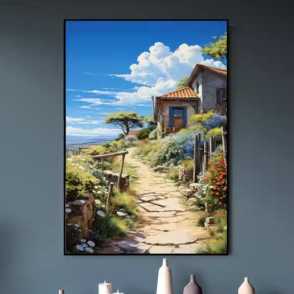 日式动漫宫崎骏风海边蓝天白云装饰画